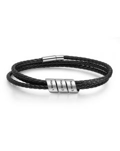 Three Beads Stainless Steel Leather Bracelet