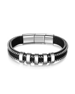 Titanium Steel Black Leather Bracelet