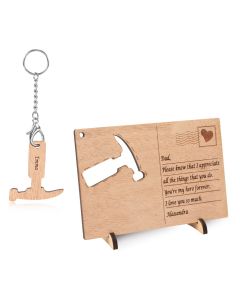 Wooden card Hammer and Personalized Names Keyring with texts