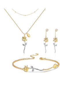 Rhodium Plated Rose Flower Jewelry Set with Rose Necklace
