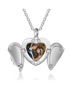 Personalized Rhodium Plated Heart Wing Photo Necklace 
