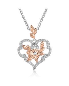 Rhodium Plated Heart Shape Rose Flower Necklace