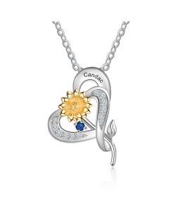 S925 Silver Sunflower Heart Shape Pendant Necklace 
