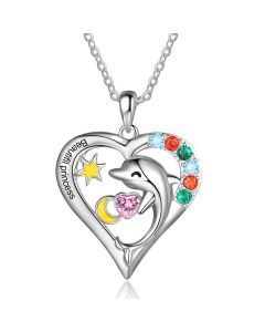 Rhodium Plated Heart Shape Dolphin Star Moon Necklace