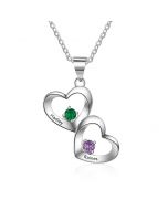 S925 Personalized Name Double Hearts Pendant Necklace with Two Birthstones