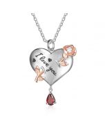 Personalized Rhodium Plated Heart Shape Rose Flower Pendant Necklace
