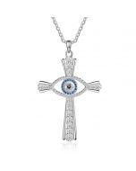 Rhodium Plated Cross Evil Eye Necklace